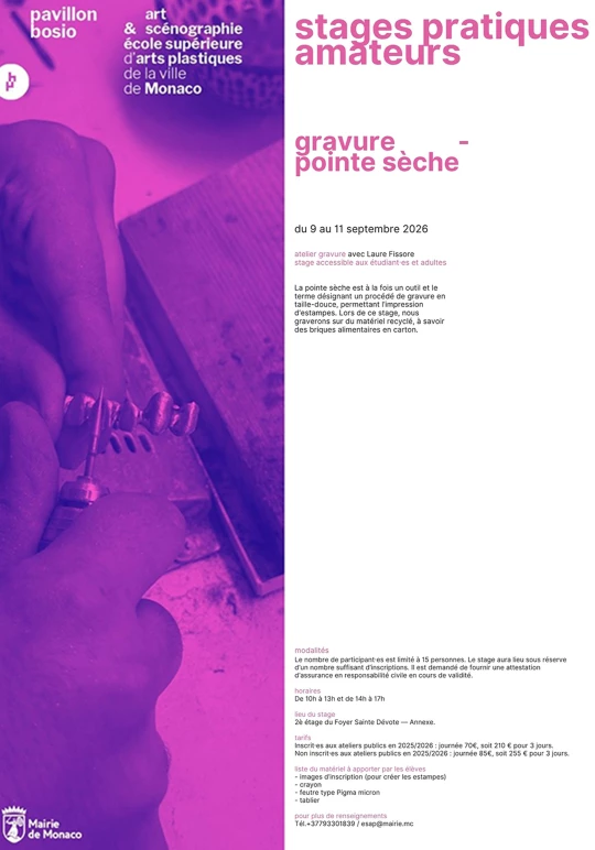 Drypoint engraving workshop at Pavillon Bosio in Monaco