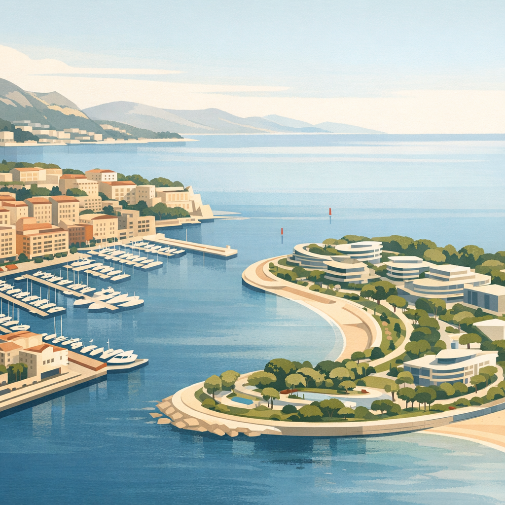 Aerial coastal view illustrating Monaco’s reclaimed waterfront districts of Fontvieille and Mareterra