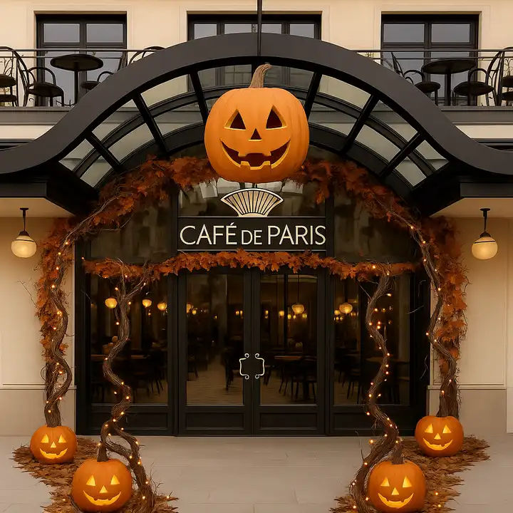 Official Halloween-themed illustration of the Café de Paris Monte-Carlo entrance