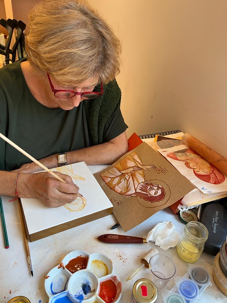 Archival photograph of traditional icon painting in an Atelier Saint-Jean-Damascene workshop