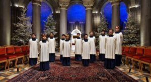 Official Monaco Cathedral Choir archival photograph inside the cathedral with Christmas decorations; illustrative image, not a photograph of the 24 December 2026 service.