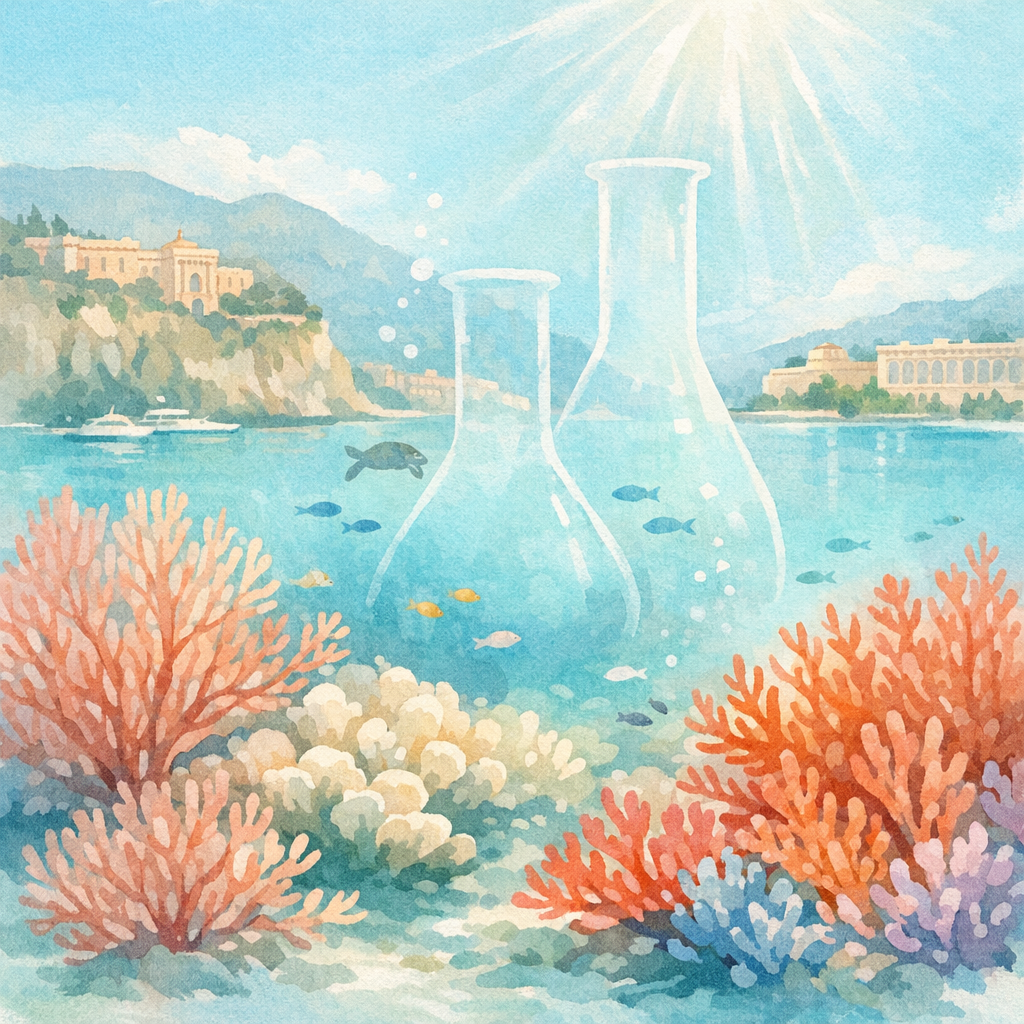 Minimal pastel underwater illustration of coral specimens and marine research in Monaco