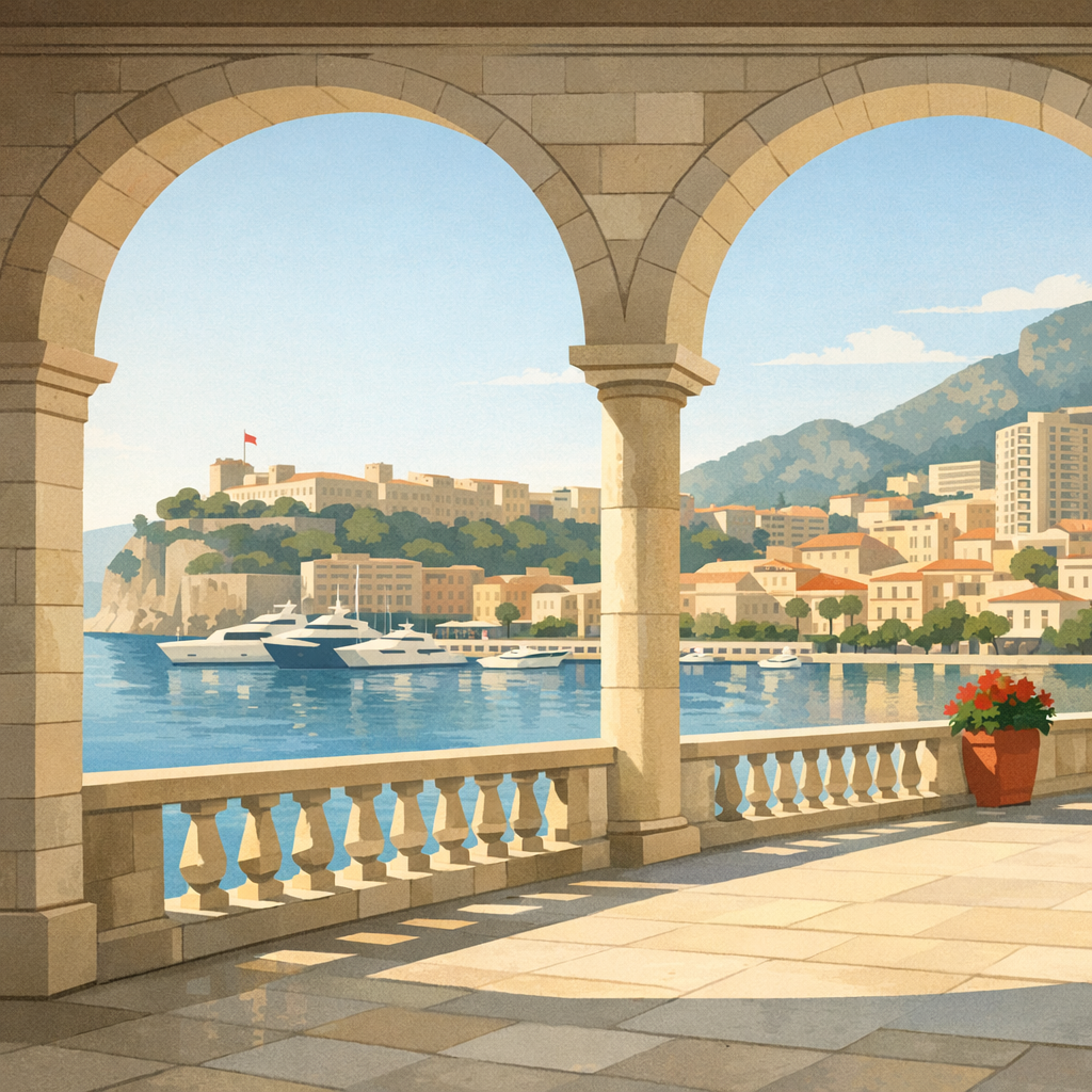 Sunlit Monaco waterfront viewed from a shaded arcade during hot weather