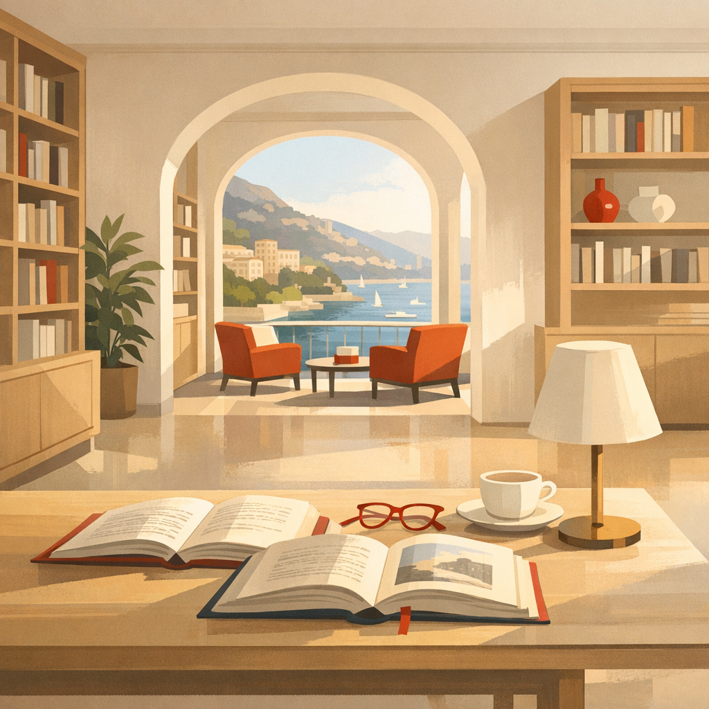 Open books on a reading table inside a refined contemporary library in Monaco