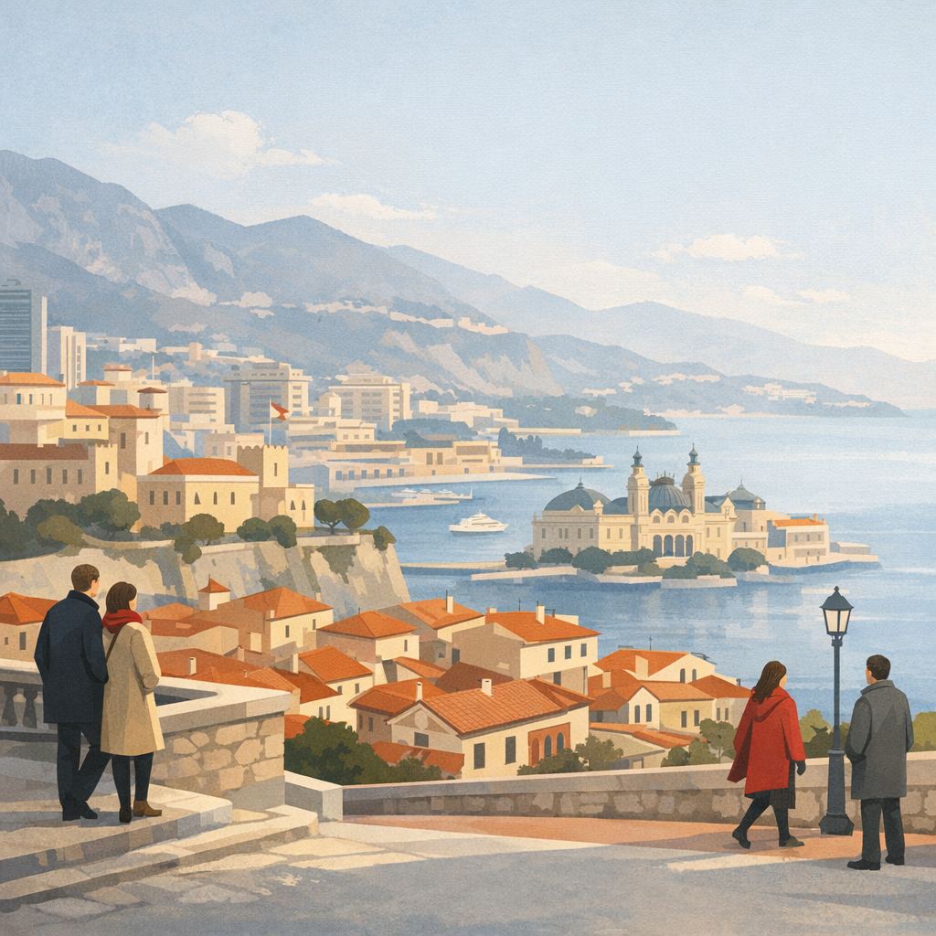 Monaco rooftops and the Mediterranean in soft February winter light