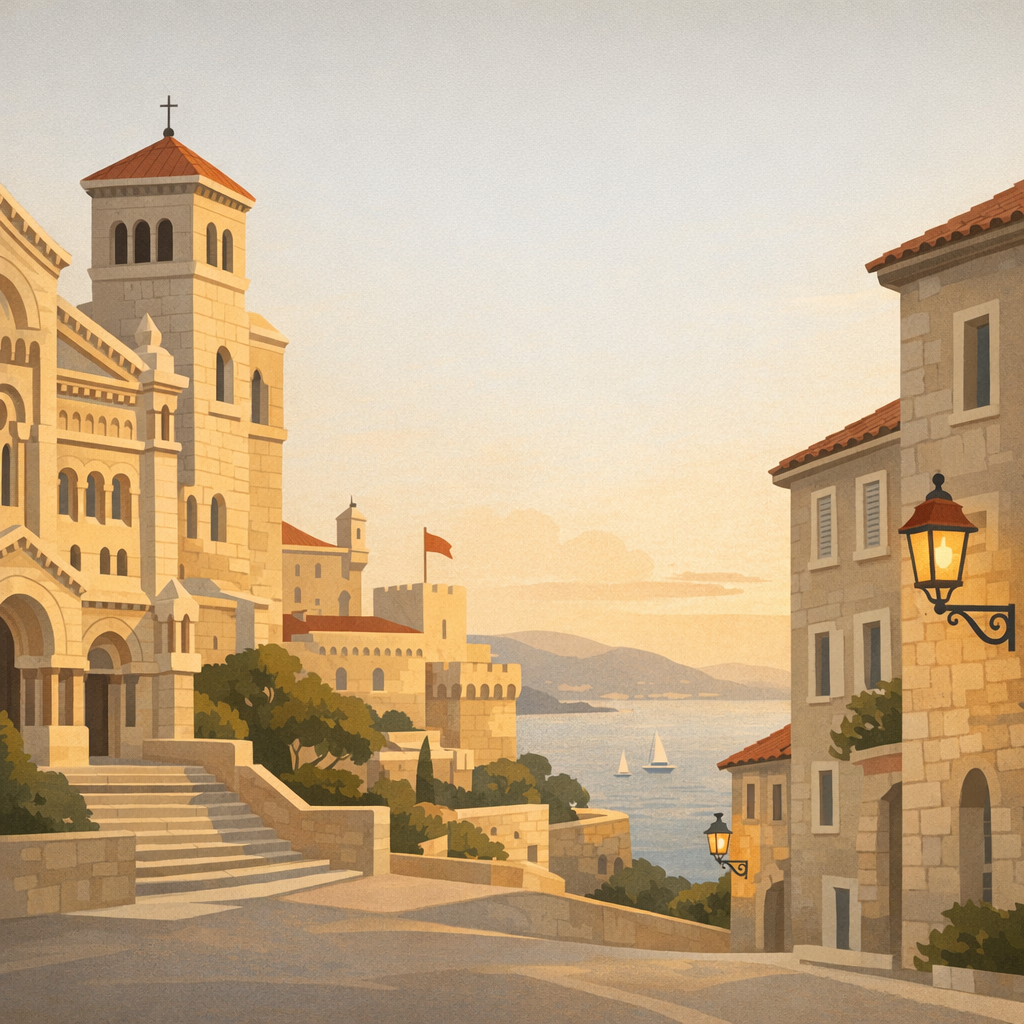 Quiet early-evening view of Monaco-Ville near the cathedral and the Mediterranean