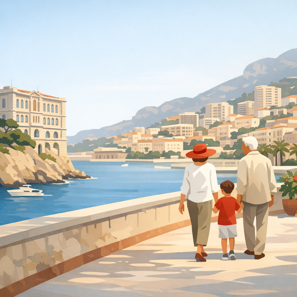 A multigenerational family walking together near the Oceanographic Museum in Monaco