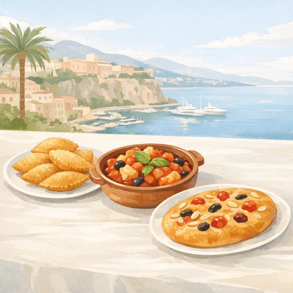 Pastel illustration of traditional Monégasque foods barbajuan, stocafi and sweet fougasse