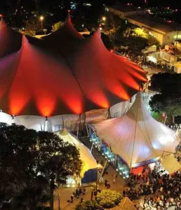 General exterior photograph of the Espace Fontvieille big top in Monaco