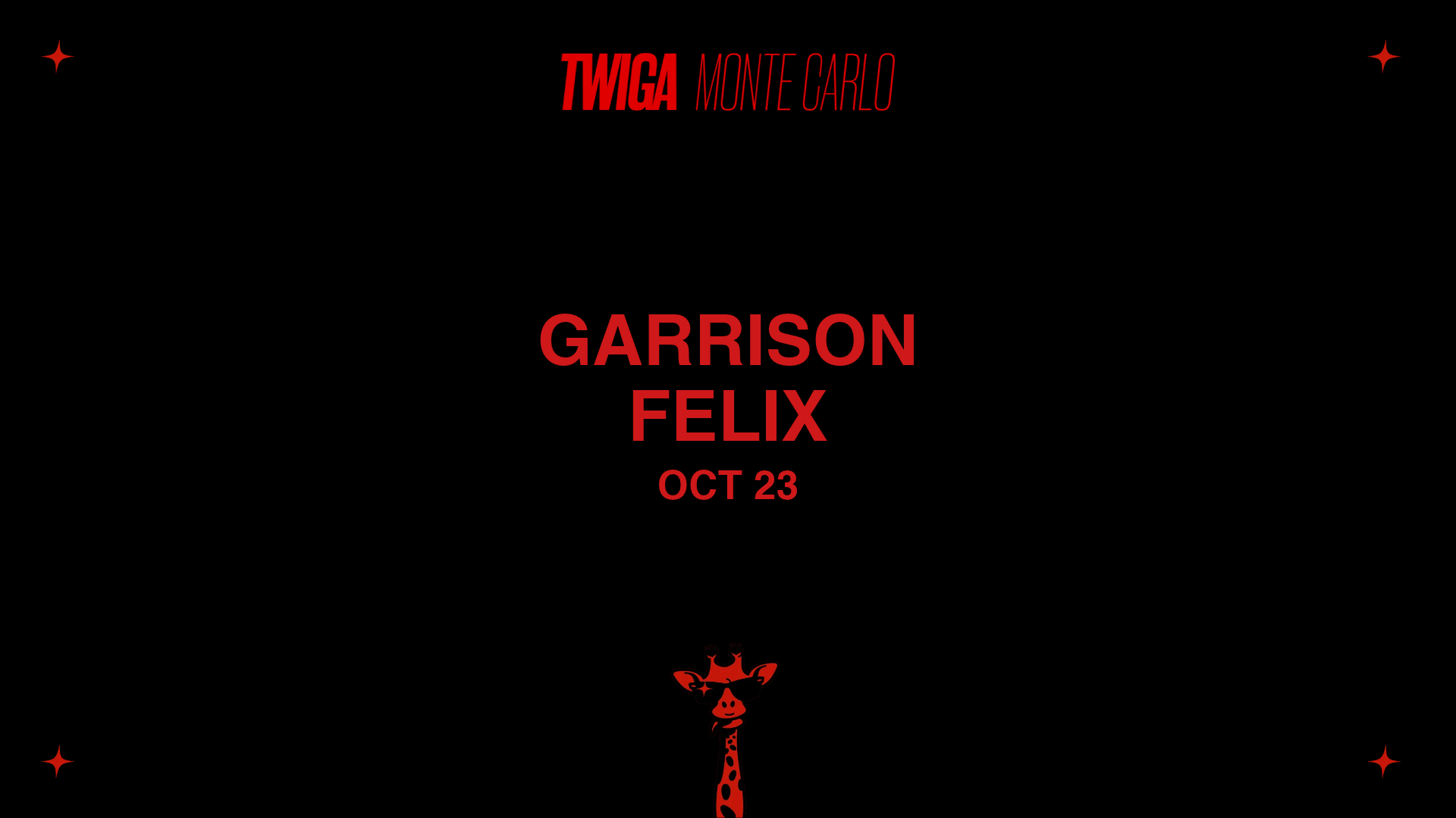 Official Twiga Monte Carlo club event poster for Garrison and Felix on 23 October 2026.