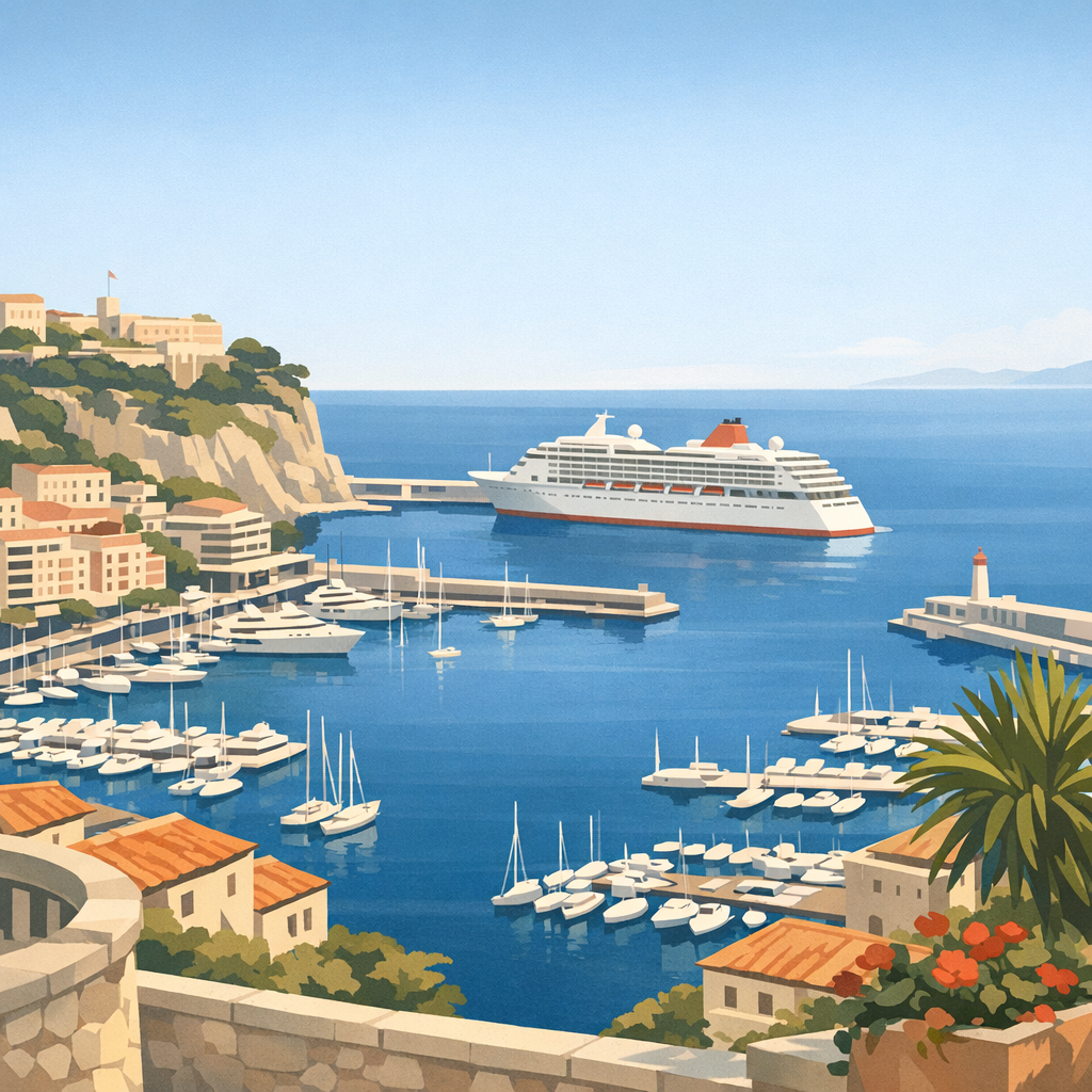 Cruise ship at Port Hercule in Monaco viewed from above